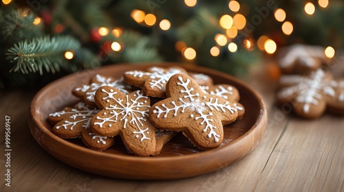 Delicious gingerbread cookies in wooden plate on rustic table against stylish christmas tree lights bokeh. Fresh baked christmas gingerbread cookies atmospheric holiday time