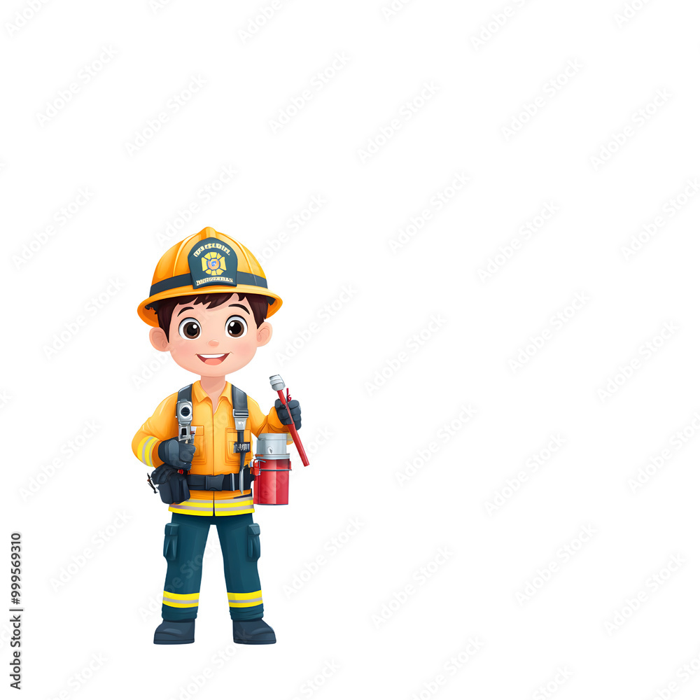Cheerful cartoon firefighter character holding a fire extinguisher. Ideal for educational and safety-related content. Cheerful cartoon firefighter character holding a fire extinguisher. Ideal for educational and safety-related content.
