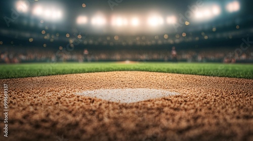 A dramatic view of a baseball diamond, focusing on home plate, set against a blurred background of a stadium filled with lights.