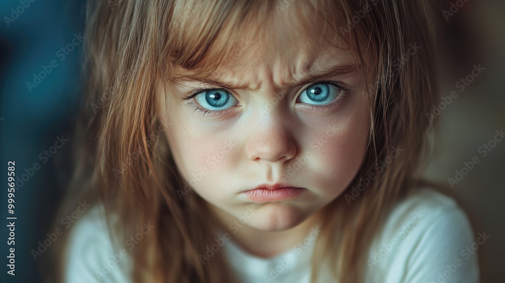 Close up portrait of a sad bored child girl with a displeased expression reflecting feelings of loneliness and distress in a domestic environment Close up portrait of a sad bored child girl with a displeased expression reflecting feelings of loneliness and distress in a domestic environment