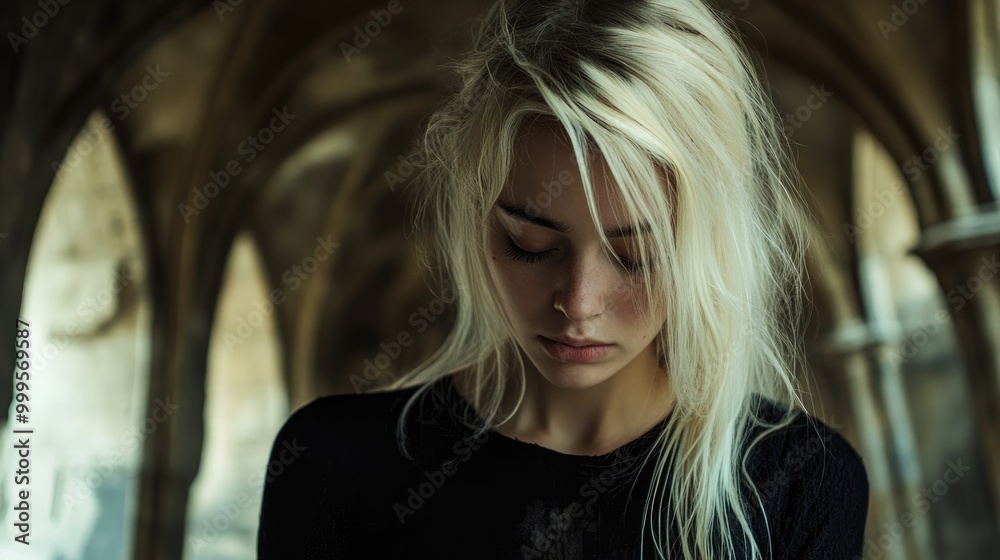 Sad young blonde woman in a medieval vault Sad young blonde woman in a medieval vault