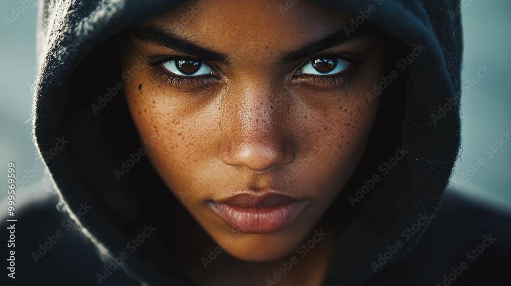 Close up of an individual in a hoodie gazing directly at the camera Close up of an individual in a hoodie gazing directly at the camera