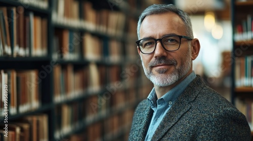 Mature male educator wearing glasses in a library setting