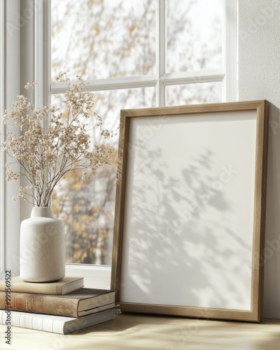 Minimalist Room Decor with Wooden Frame, Books, and Dry Flowers Near Window