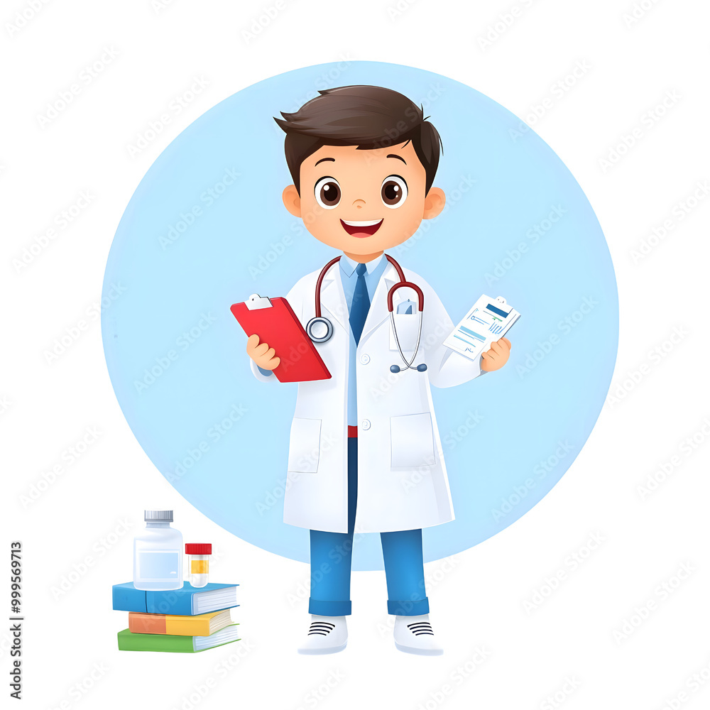 Cheerful cartoon doctor holding a clipboard, stethoscope, surrounded by books and medicines, ideal for medical and healthcare themes. Cheerful cartoon doctor holding a clipboard, stethoscope, surrounded by books and medicines, ideal for medical and healthcare themes.