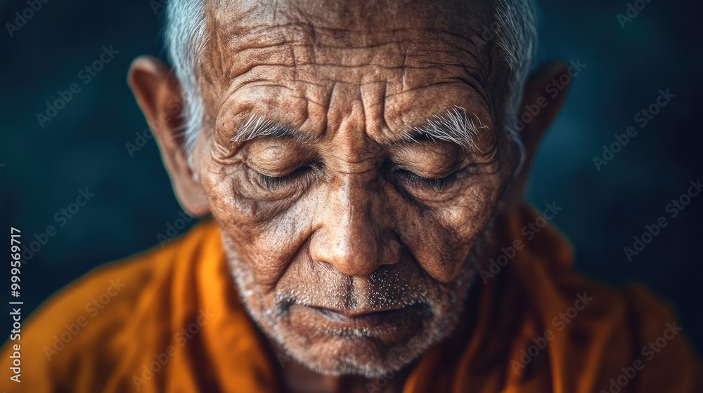 Portrait of an elderly monk with closed eyes immersed in deep contemplation Portrait of an elderly monk with closed eyes immersed in deep contemplation