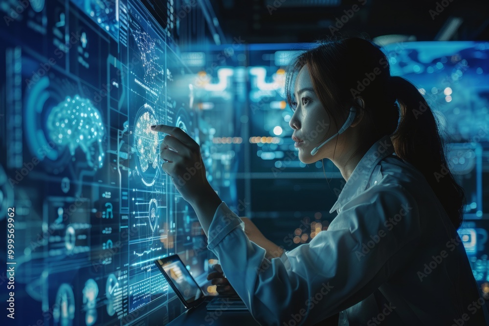 A focused professional analyzing digital data on a futuristic holographic screen in a modern tech environment during nighttime