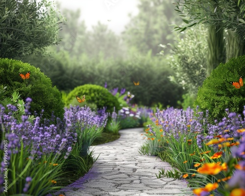 Serene Winding Path Through a Colorful Garden