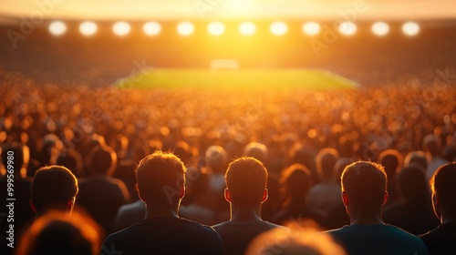 A vibrant sunset casts a golden glow over a cheering crowd at a sports event, with fans focused on the action happening on the field. photo