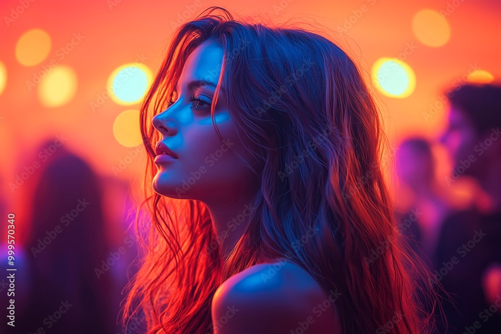 Young woman in profile at a vibrant party with colorful lighting Young woman in profile at a vibrant party with colorful lighting