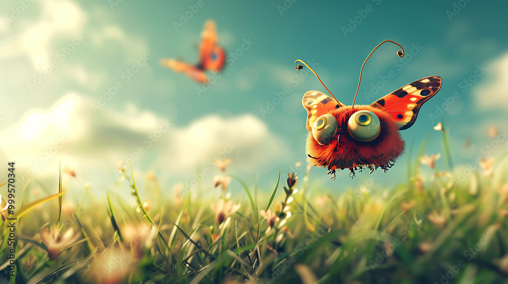 Cute cartoon butterfly flying over a field of flowers. Cute cartoon butterfly flying over a field of flowers.