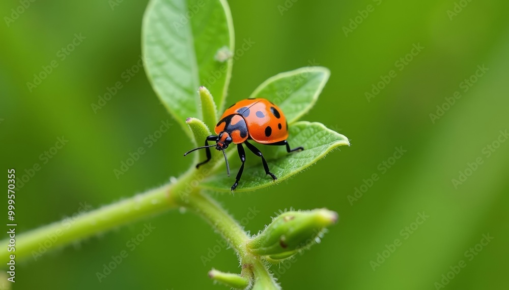 Natures tiny beauty A ladybug on a leafy stage Natures tiny beauty A ladybug on a leafy stage
