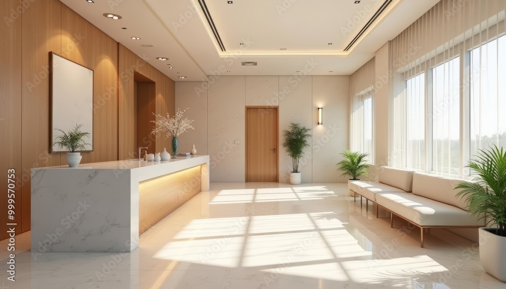 Modern lobby with natural light and greenery Modern lobby with natural light and greenery