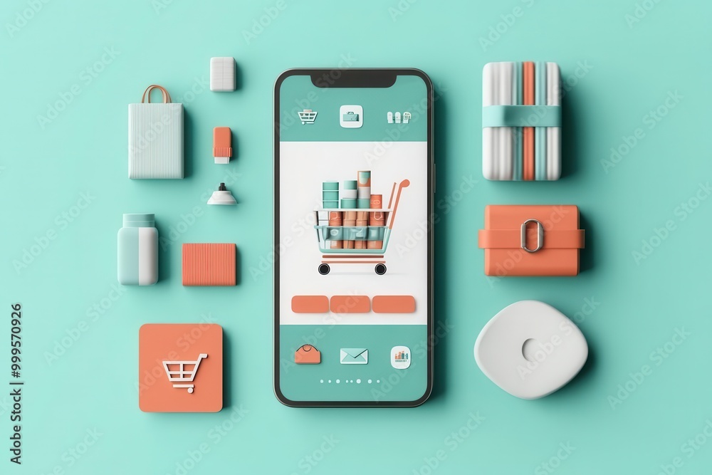 Create a 3D illustration of a mobile ecommerce app with a user browsing products and adding items to the cart, flat design, top view, app theme, 3D render, vivid Create a 3D illustration of a mobile ecommerce app with a user browsing products and adding items to the cart, flat design, top view, app theme, 3D render, vivid