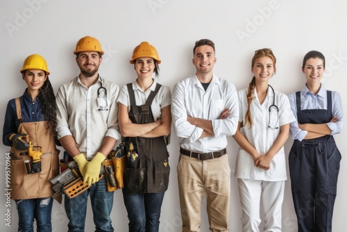 Diverse group of skilled workers in safety gear standing confidently in a bright, modern studio during the day photo