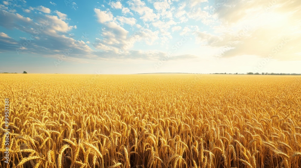 Naklejka premium Golden Wheat Field Under a Blue Sky with Puffy Clouds and Sunlight