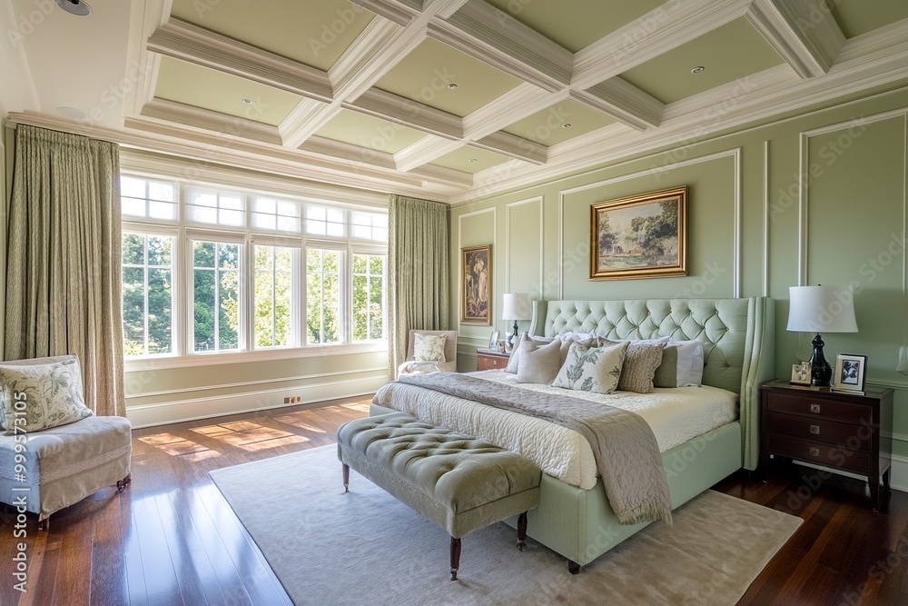 Fototapeta premium Beautiful Light Green Custom Master Bedroom Complete with Entire Wainscoting Wall, Fresh Paint, Crown and Base Molding, Hard Wood Floors and Coffered Ceiling generative ai