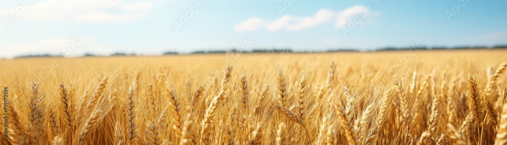 Golden Wheat Field Under a Clear Blue Sky on a Sunny Day, Perfect for Agricultural and Nature Themes Golden Wheat Field Under a Clear Blue Sky on a Sunny Day, Perfect for Agricultural and Nature Themes