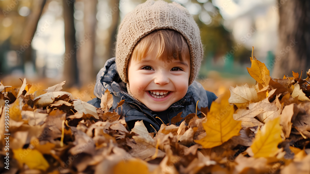 A child playing in a pile of leaves on a chilly autumn day with a big smile on their face A child playing in a pile of leaves on a chilly autumn day with a big smile on their face
