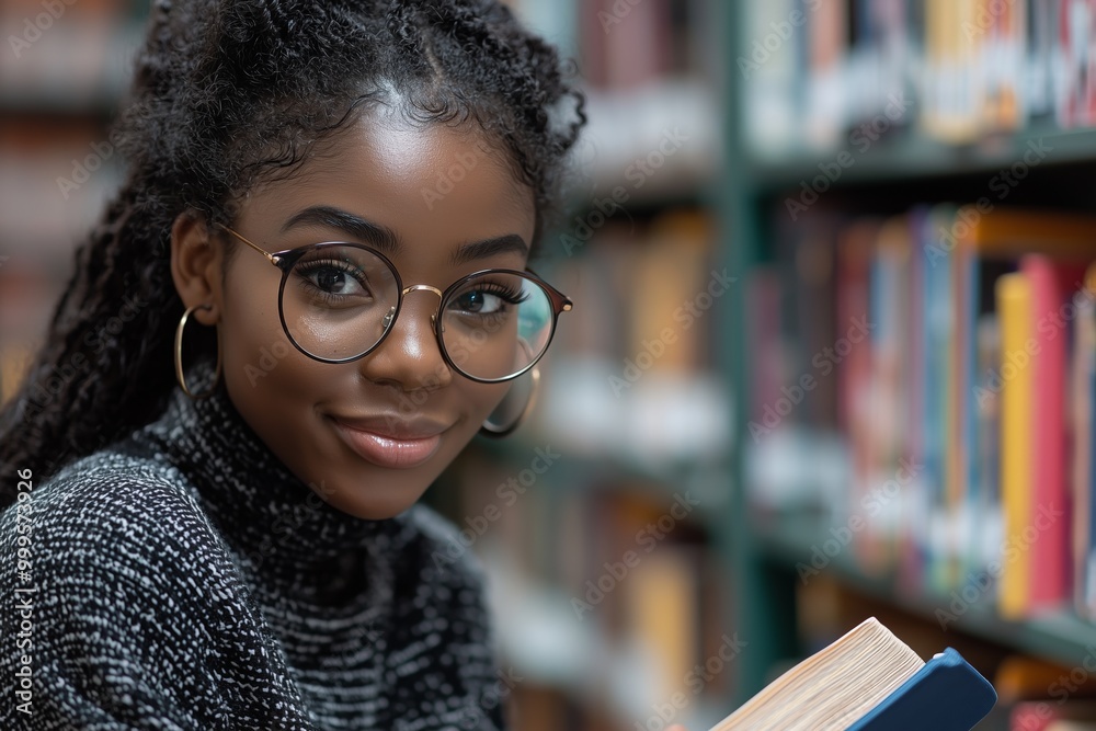 African American Female Student Engaged in Reading at College Library African American Female Student Engaged in Reading at College Library