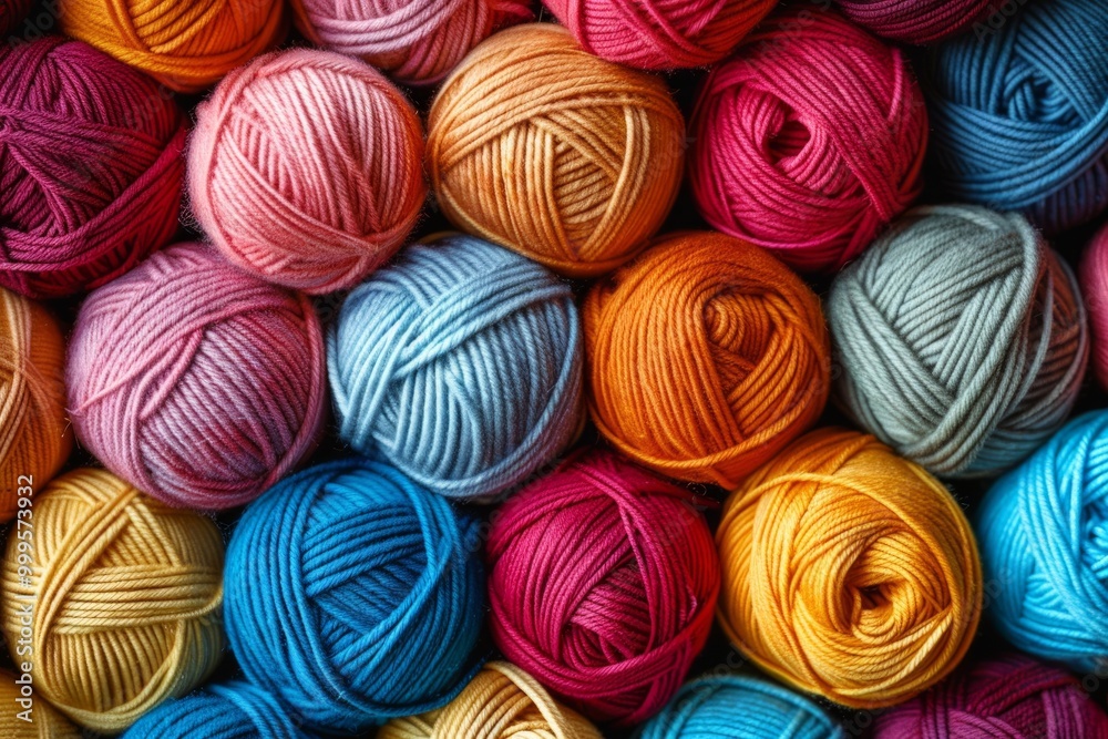 Colorful yarn balls arranged in a vibrant display at a crafting event in spring season Colorful yarn balls arranged in a vibrant display at a crafting event in spring season