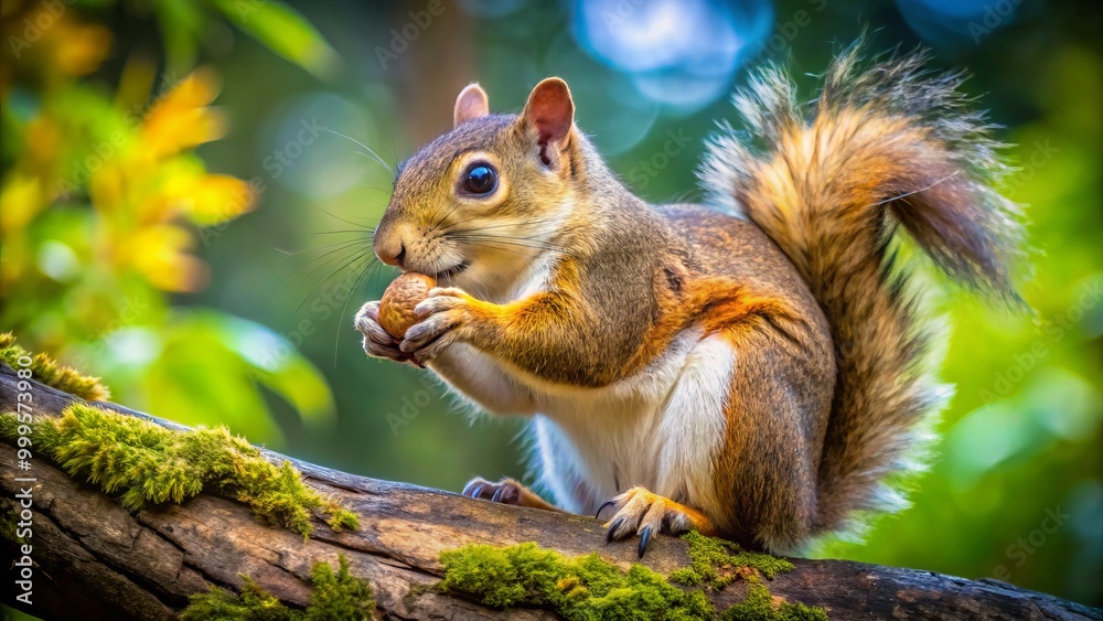 Fototapeta premium In a peaceful natural setting, a charming squirrel happily munches on a nut, perched gracefully on a tree