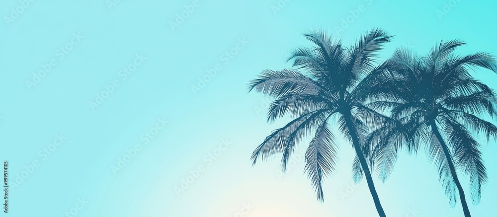 Fototapeta premium Silhouette of palm trees against a vibrant summer gradient on a light blue backdrop embodying a tropical vacation and travel theme