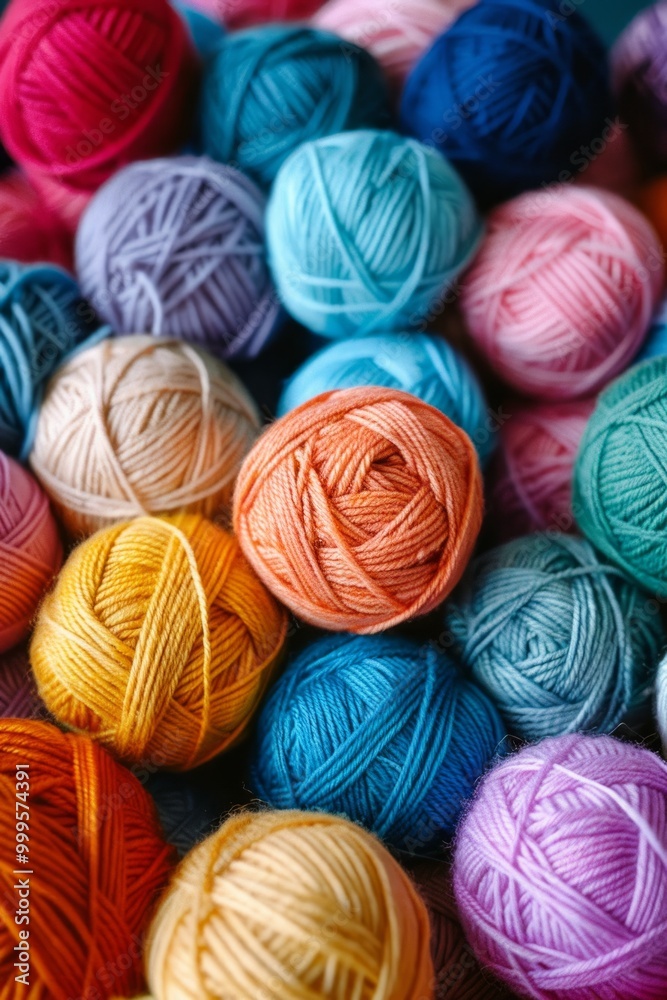 Colorful yarn balls in various shades arranged together in a creative workspace during the afternoon Colorful yarn balls in various shades arranged together in a creative workspace during the afternoon