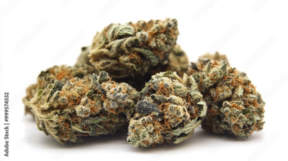 Close up of Blue Cookies marijuana buds on white background