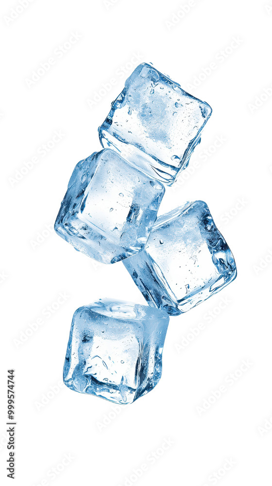 Four ice cubes captured in mid-air, showcasing their crystal-clear structure and reflecting light, perfect for cold beverage themes. Four ice cubes captured in mid-air, showcasing their crystal-clear structure and reflecting light, perfect for cold beverage themes.