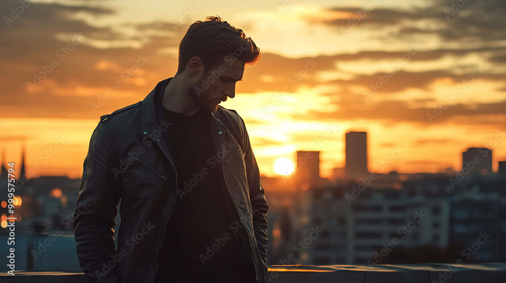 Man in leather jacket looking down at cityscape during golden hour sunset. Man in leather jacket looking down at cityscape during golden hour sunset.