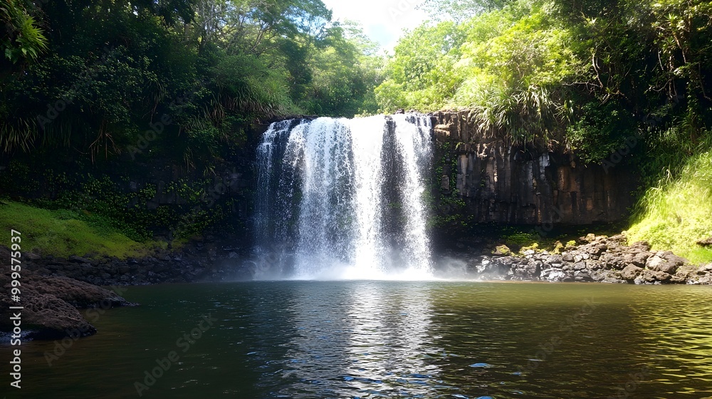 Fototapeta premium A majestic waterfall cascading down into a crystal-clear pool below, creating a fine mist that catches the sunlight to form vibrant rainbows, symbolizing the beauty and power of natural water 