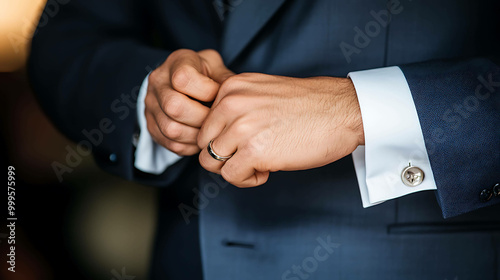 A man in a suit adjusts his cufflinks and wedding band.