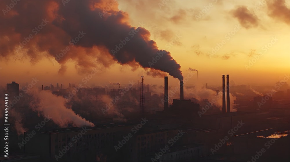 A scene of heavy industrial pollution as dark smoke billows from a factory, blending with the colors of a glowing sunset, highlighting the environmental impact of human activity against the A scene of heavy industrial pollution as dark smoke billows from a factory, blending with the colors of a glowing sunset, highlighting the environmental impact of human activity against the