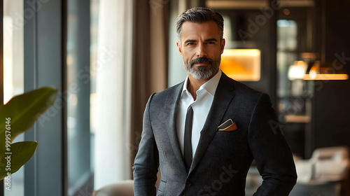 Portrait of a confident businessman in a suit, standing in a modern office setting.