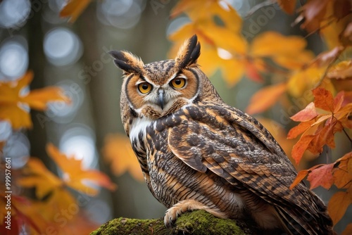 Great Horned Owl Nestled in an Autumn Forest