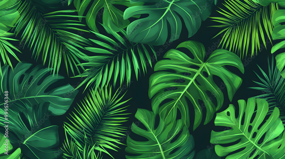 A seamless pattern of tropical leaves and plants in vibrant green shades A seamless pattern of tropical leaves and plants in vibrant green shades