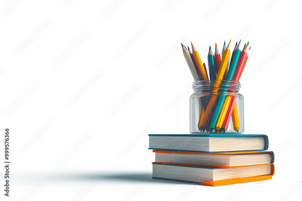 Books stacked with a jar of colorful pencils on top, isolated on white background. Concept of education and learning. 3D Rendering Books stacked with a jar of colorful pencils on top, isolated on white background. Concept of education and learning. 3D Rendering