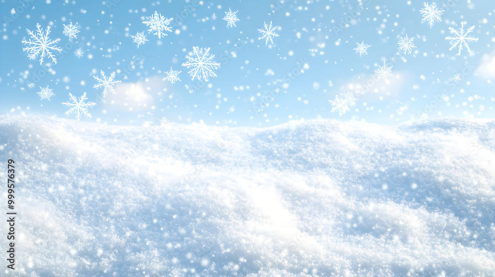 Naklejka premium A snowy winter background with soft snowflakes falling against a clear blue sky