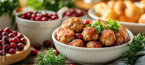 Wallpaper Mural Swedish meatballs with cranberry sauce served with potatoes on rustic wooden table Torontodigital.ca