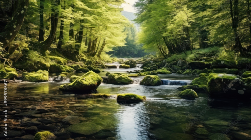 Obraz premium Serene Forest Stream with Sunlit Canopy