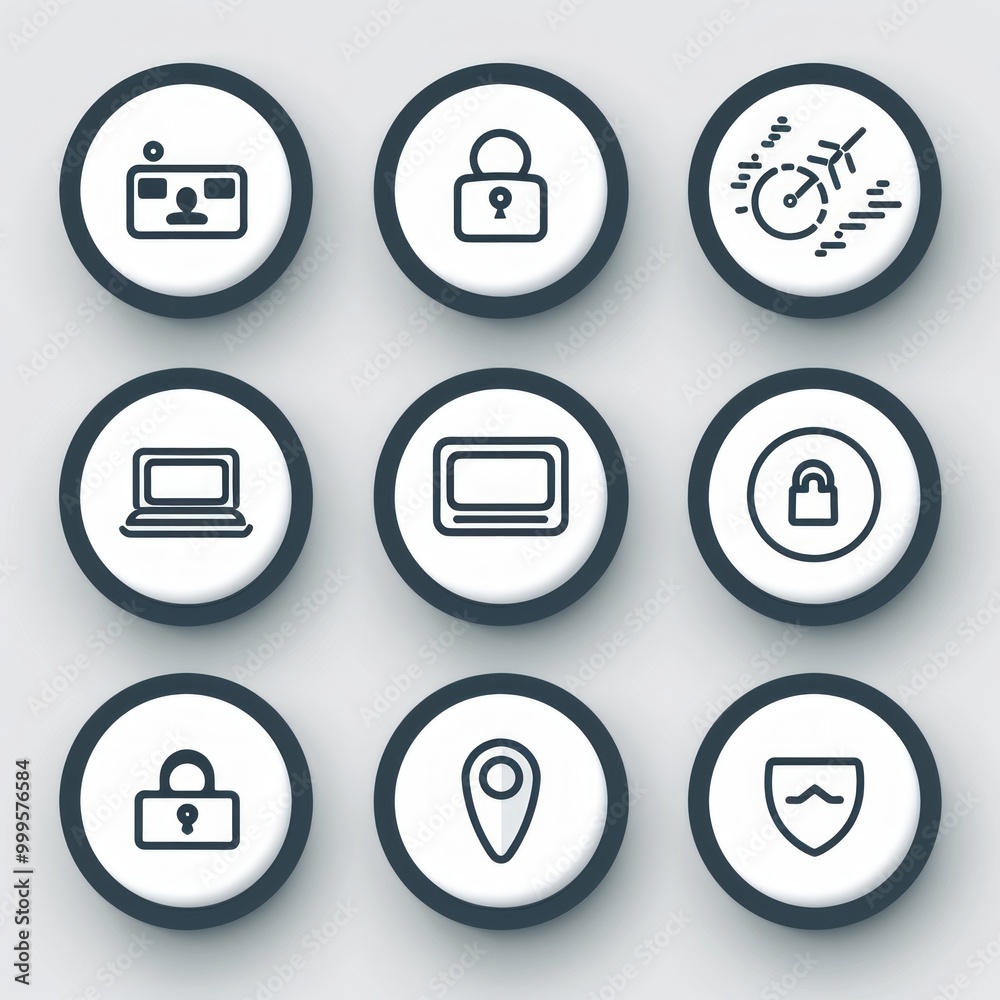 Icons representing digital security, location tracking, and technology concepts on a smooth gray background
