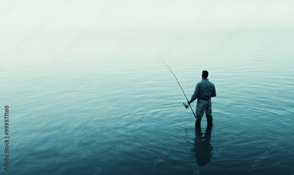 A man fishing on a calm lake. A man fishing on a calm lake.