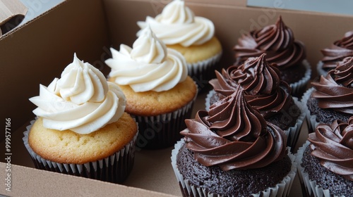 Cupcake packaging delivery box vanilla cupcakes chocolate and white cream close up