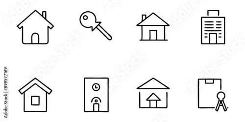 Set of Property and Building Line Icons - Houses, Apartments, Commercial Structures, and Storefronts on white background