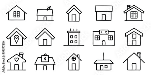 Set of Property and Building Line Icons - Houses, Apartments, Commercial Structures, and Storefronts on white background