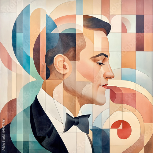 Abstract Geometric Portrait of a Young Man in a Suit and Bow Tie, Musician Piano Player photo