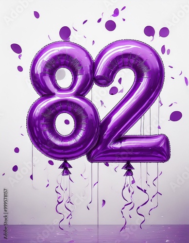 Purple birthday / anniversary balloon, number 82, white background with confetti photo