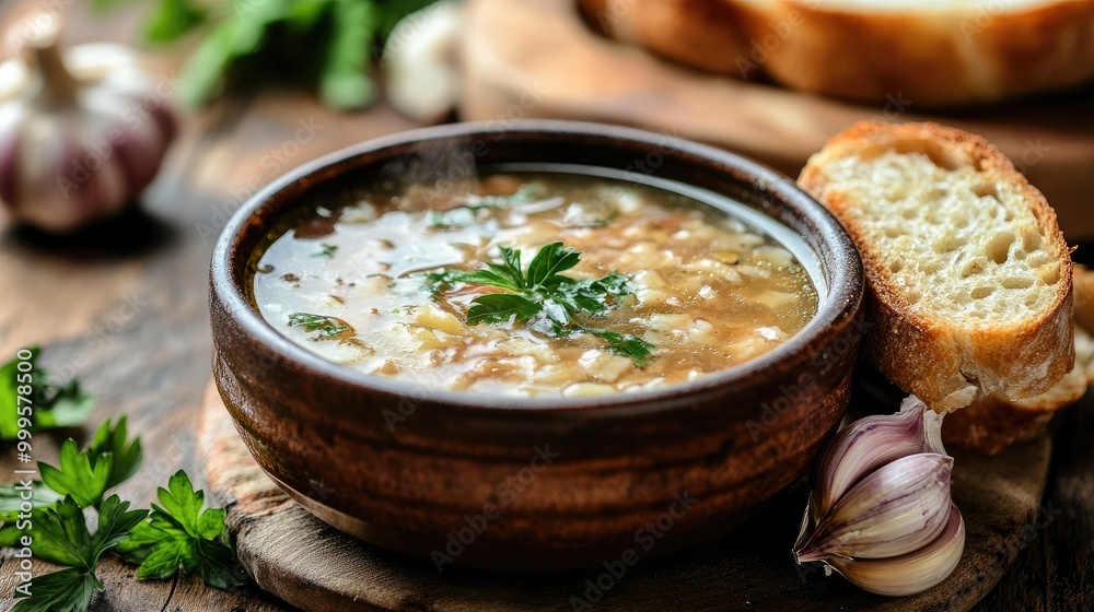 A bowl of steaming soup with bread. Perfect for illustrating a comforting meal or a cozy winter night. A bowl of steaming soup with bread. Perfect for illustrating a comforting meal or a cozy winter night.