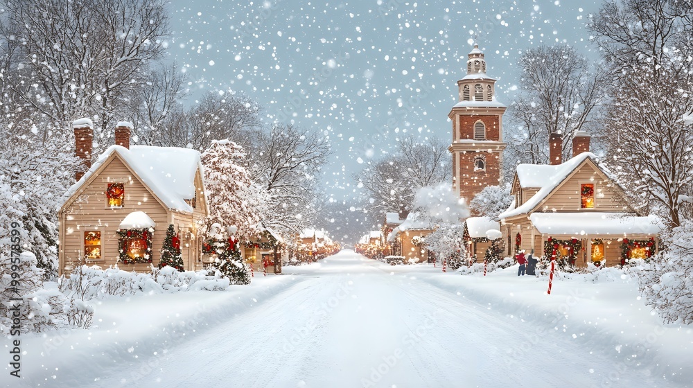 Snow-covered city streets with Christmas decorations and holiday shoppers, cartoon vector style Snow-covered city streets with Christmas decorations and holiday shoppers, cartoon vector style